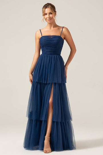 A Line Spaghetti stropper lagdelt Navy Tylle plissert Prom kjole med Slit
